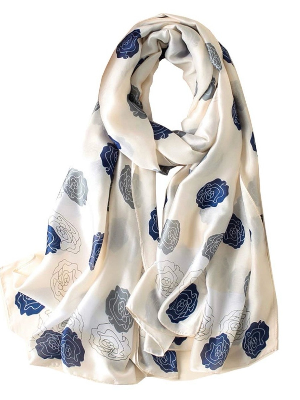 Vintage White Navy Blue Floral Silk Scarf